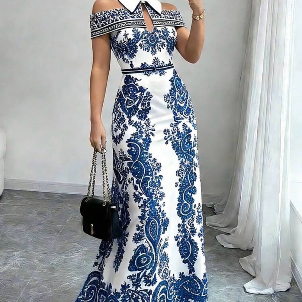 SHEIN Blue and White Floral Maxi Dress